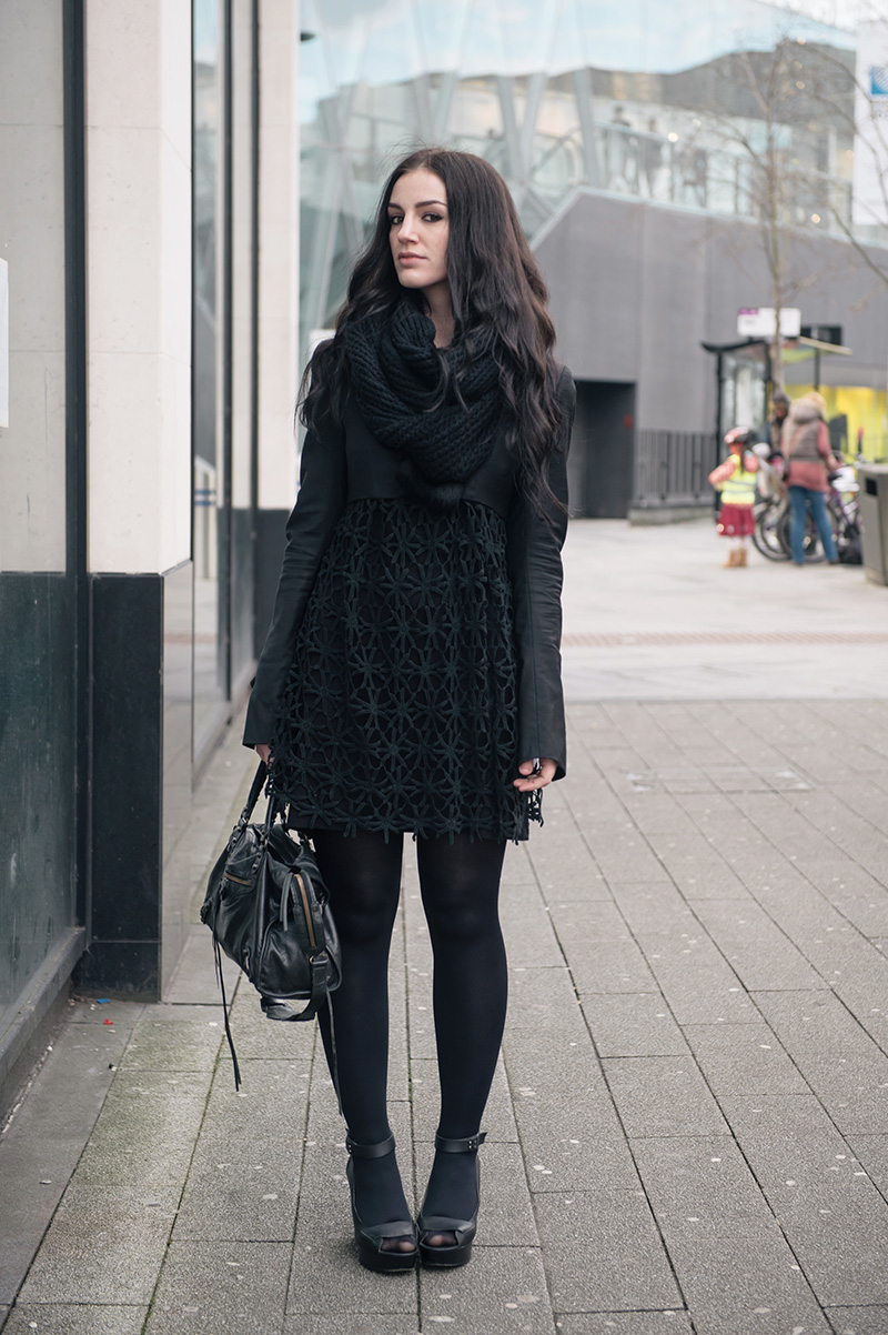 Fashion blogger Stephanie of FAIIINT wearing ASOS snood, Todd Lynn x Topshop cropped jacket, Seafolly crochet daisy kaftan via Beach Cafe, Skin by Finsk wedges, tights, Balenciaga city bag. All black everything street style winter outfit.