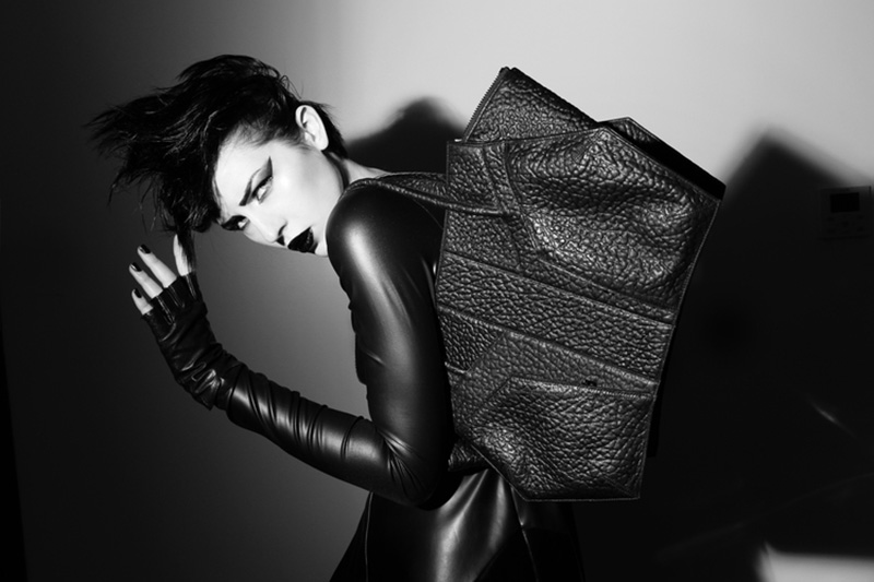Niki English Vertigo handbags photographed by Ashley Joncas. Black & white futuristic rebel sci-fi lookbook editorial.