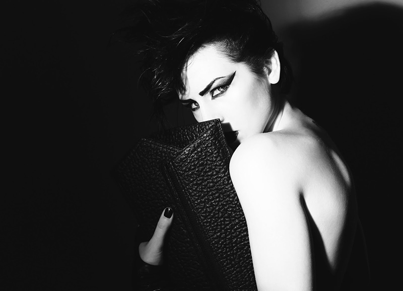 Niki English Vertigo handbags photographed by Ashley Joncas. Black & white futuristic rebel sci-fi lookbook editorial.