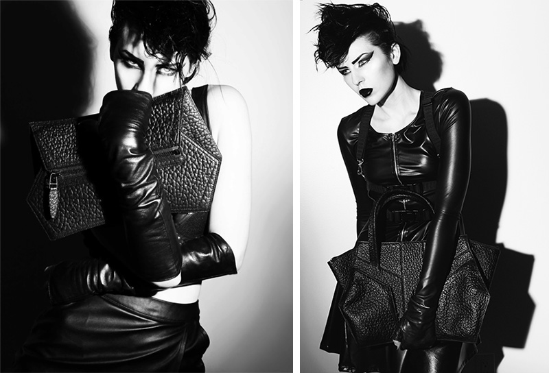 Niki English Vertigo handbags photographed by Ashley Joncas. Black & white futuristic rebel sci-fi lookbook editorial.