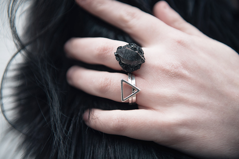 FAIIINT wearing Elemental Luxury Tibetan Black Phantom Quartz & Tourmaline Crystal Ring with Bloody Mary Metal silver Fire Alchemy & Personalised Stack rings.