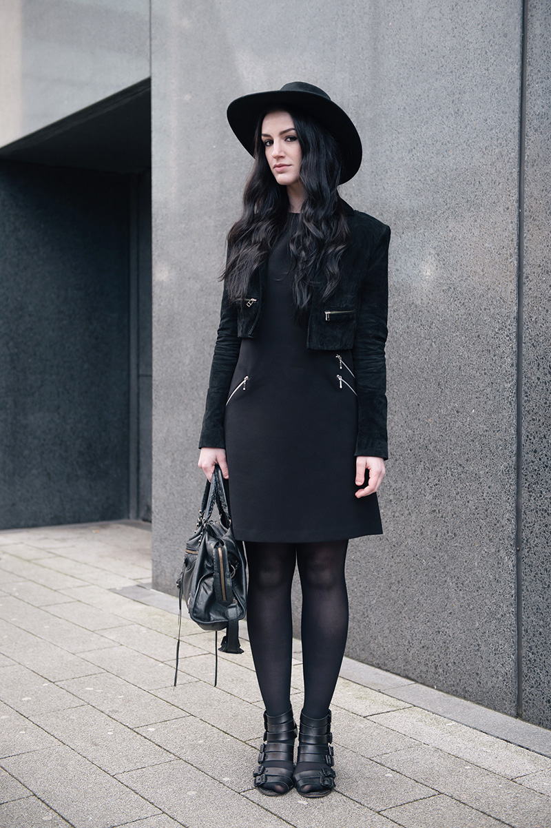 Fashion blogger Stephanie of FAIIINT wearing Catarzi Fedora, Topshop Cropped Suede Jacket, F&F at Tesco Zip Shift Dress, Kurt Geiger Buckled Wedges, Balenciaga City Bag. All black everything smart gothic street style.
