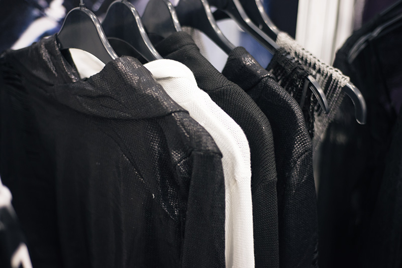 FAIIINT fashion blogger meet up event at London Edge 2015 Olympia Exhibition Centre. Widow clothing stall, black & grey foil coated knits.