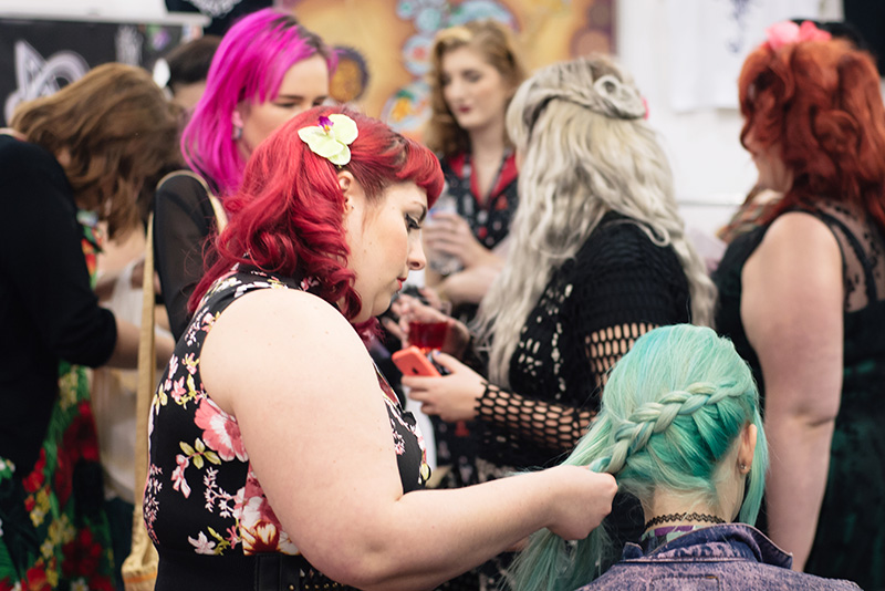 FAIIINT fashion blogger meet up event at London Edge 2015 Olympia Exhibition Centre. Jawbreaker Clothing & Voodoo Vixen giving bloggers retro makeovers for the after party.