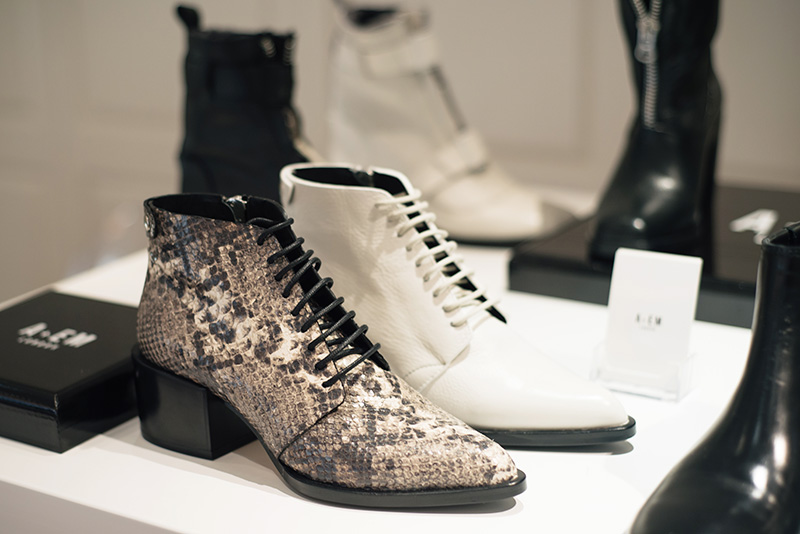PLFM London footwear show press day Autumn Winter 2015. A + EM London shoes, white & grey pointed snakeskin lace up ankle boots.