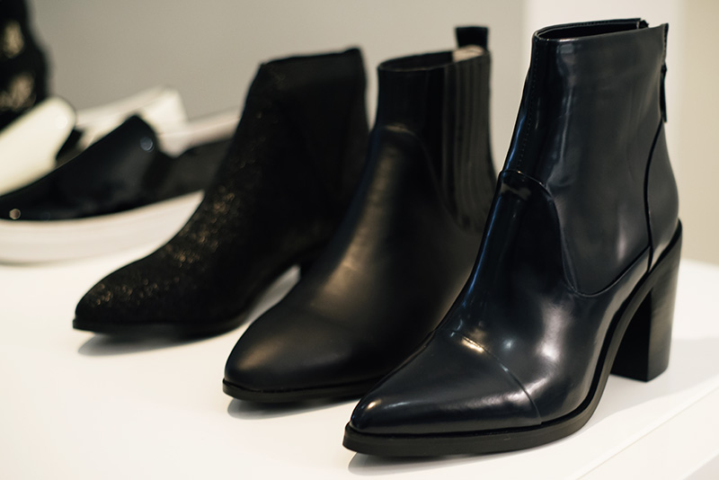 PLFM London footwear show press day Autumn Winter 2015. Senso black pointed glossy patent & textured leather ankle boots.