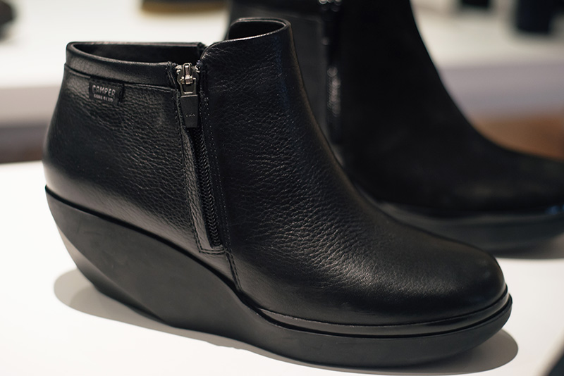 PLFM London footwear show press day Autumn Winter 2015. Camper shoes black leather wedge heels with silicone rubber wedge.