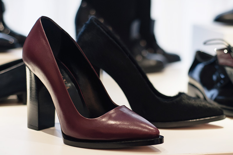 PLFM London footwear show press day Autumn Winter 2015. Havva pointed block heels in deep oxblood red leather & black ponyhair.