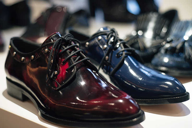 PLFM London footwear show press day Autumn Winter 2015. Havva deep oxblood red & navy blue black glossy patent smart brogues with studs.