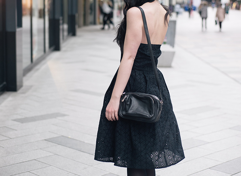 Fashion blogger Stephanie of FAIIINT wearing Uttam Boutique broderie anglaise dress, Betty Jackson zipped bag. All black gothic street style spring summer outfit details.
