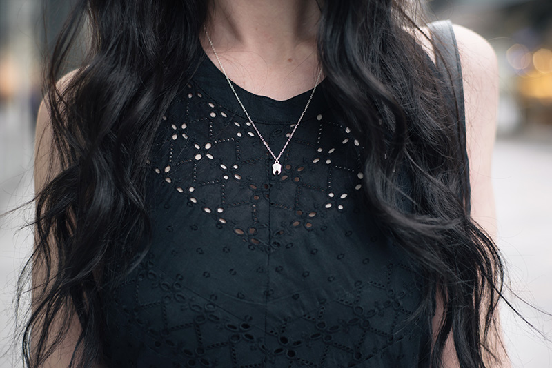 FAIIINT outfit details Uttam Boutique broderie anglaise black dress, Bloody Mary Metal tiny tooth silver necklace.