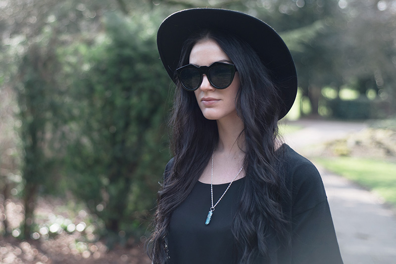 Fashion blogger Stephanie of FAIIINT wearing Dorothy Perkins lace trimmed cropped kimono, Catarzi fedora, Love drape side tee top, Sightstone aqua aura quartz necklace, Le Specs Neo Noir sunglasses, All black street style gothic spring outfit.
