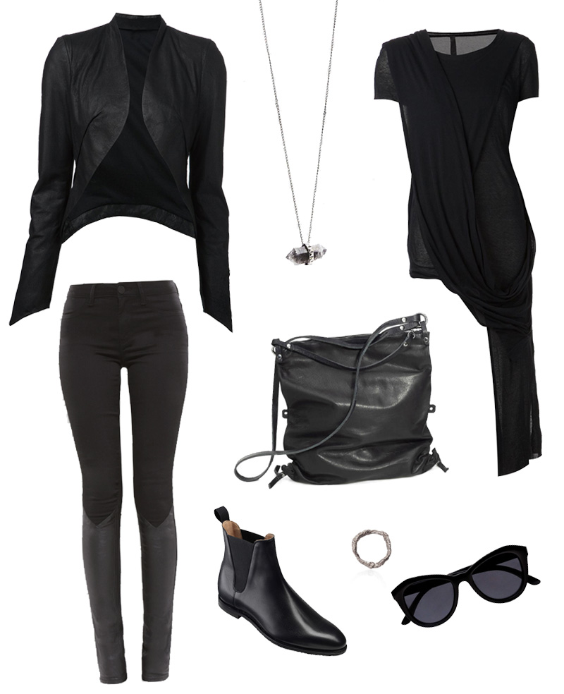 FAIIINT Wishlist Isabel Benenato cropped leather jacket, Jill Urwin quartz pendant, Barbara I Gongini Draped Tee , 2nd Day ‘ Jolie’ Jeans, Ina Kent Convertible Leather Bag, Crockett & Jones Chelsea Boots, Niza Huang ‘Illusion’ Ring, Le Specs ‘Peach Pit’ Sunglasses