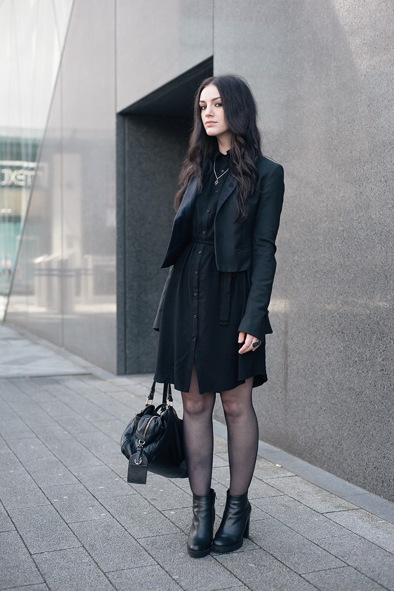 Fashion blogger Stephanie of FAIIINT wearing Todd Lynn x Topshop Tux Jacket, New Look Shirt Dress, Next Leather Platform Ankle Boots, Bloody Mary Metal Tribal Moon Necklace & Lonely Bone Ring, Elemental Luxury Phantom Quartz Rings, Mulberry Mabel Bag. All black Smart Gothic Dark Style Street Style Outfit.