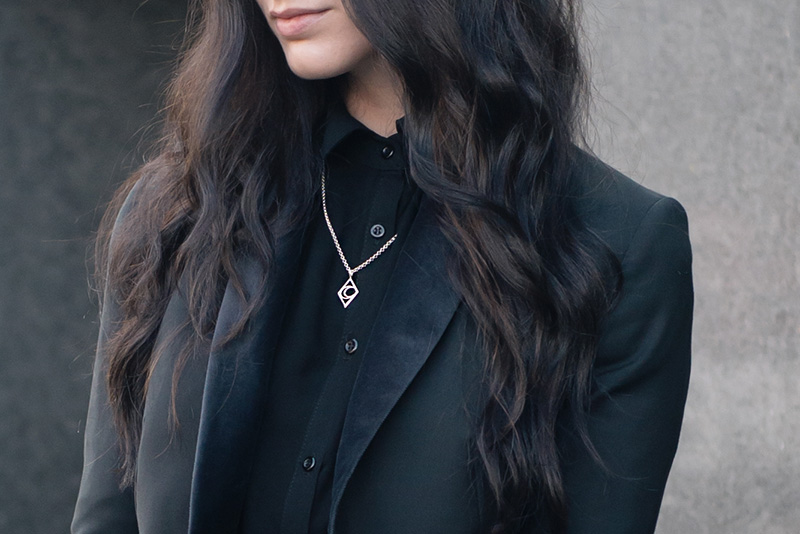 Fashion blogger Stephanie of FAIIINT wearing Todd Lynn x Topshop Tux Jacket, New Look Shirt Dress, Bloody Mary Metal Tribal Moon Silver Necklace. Outfit details.