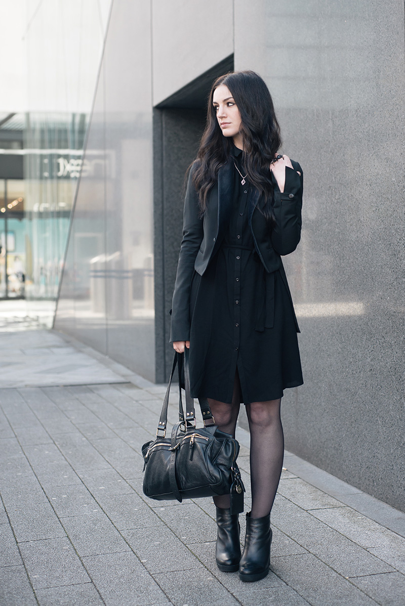 Fashion blogger Stephanie of FAIIINT wearing Todd Lynn x Topshop Tux Jacket, New Look Shirt Dress, Next Leather Platform Ankle Boots, Bloody Mary Metal Tribal Moon Necklace & Lonely Bone Ring, Elemental Luxury Phantom Quartz Rings, Mulberry Mabel Bag. All black Smart Gothic Dark Style Street Style Outfit.