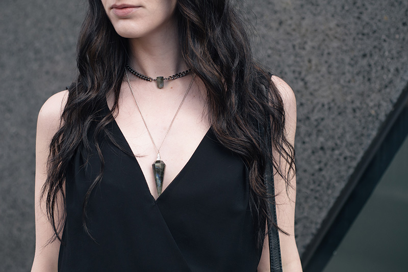 Fashion blogger Stephanie of FAIIINT wearing Warehouse chiffon wrap dress, Regal Rose Rua gemstone point choker, Regal Rose Cosmos Labradorite crystal pendulum necklace. Witchy details.