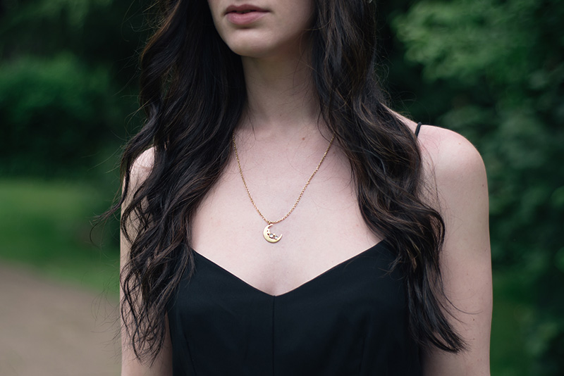 Fashion blogger FAIIINT wearing Phoebe Jewellery gold moonstone moon necklace & Religion olsen maxi dress. Details.