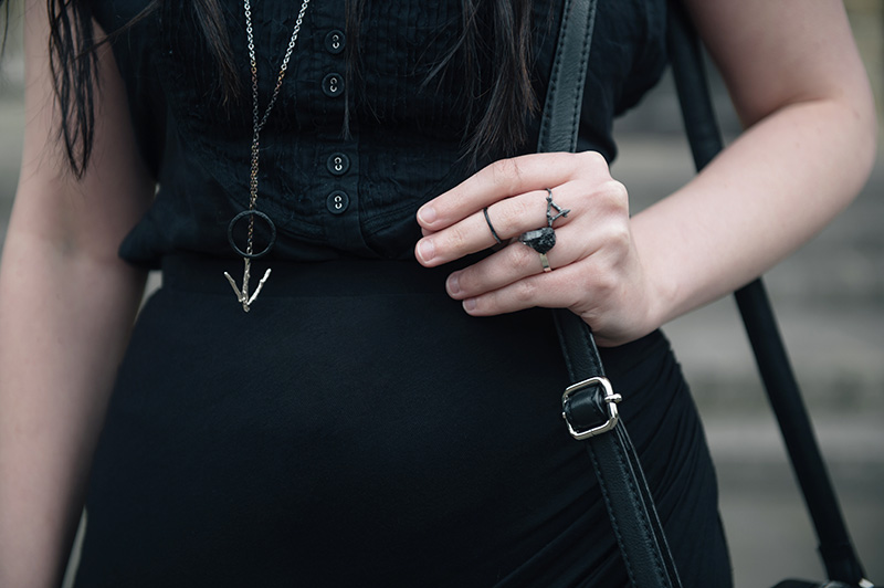 Fashion blogger Stephanie of FAIIINT wearing Catarzi wide brim fedora, Hvnter Gvtherer Lacustrine Necklace, Kindling & Lumen rings, Elemental Luxury Tibetan Black Phantom Quartz Ring, Allsaints shirt. All black everything outfit details.