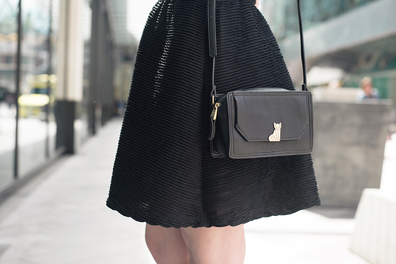 Fashion blogger Stephanie of FAIIINT wearing Topshop textured skater dress, Nica Venice black crossbody bag.