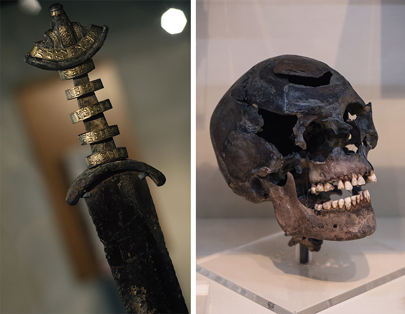 FAIIINT York weekend break. Yorkshire Museum Anglian Gilling Sword & fractured skull of local who fought the Roman Army in The Battle of Stanwick.