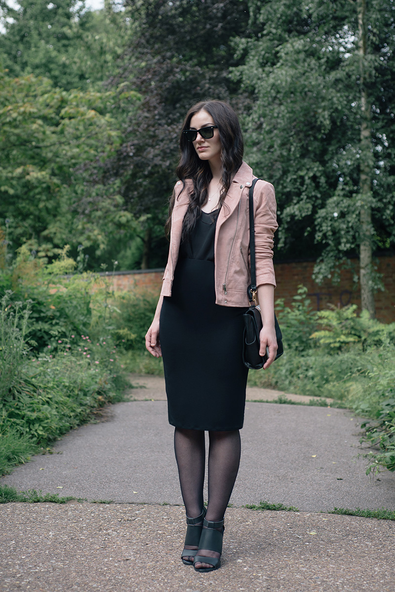 Fashion blogger Stephanie of FAIIINT wearing Dorothy Perkins Blush pink suede leather jacket, black camisole and skirt, Head Over Heels by Dune cut out heels, Ray-Ban Wayfarers. Day to night work wear dressing, street style.