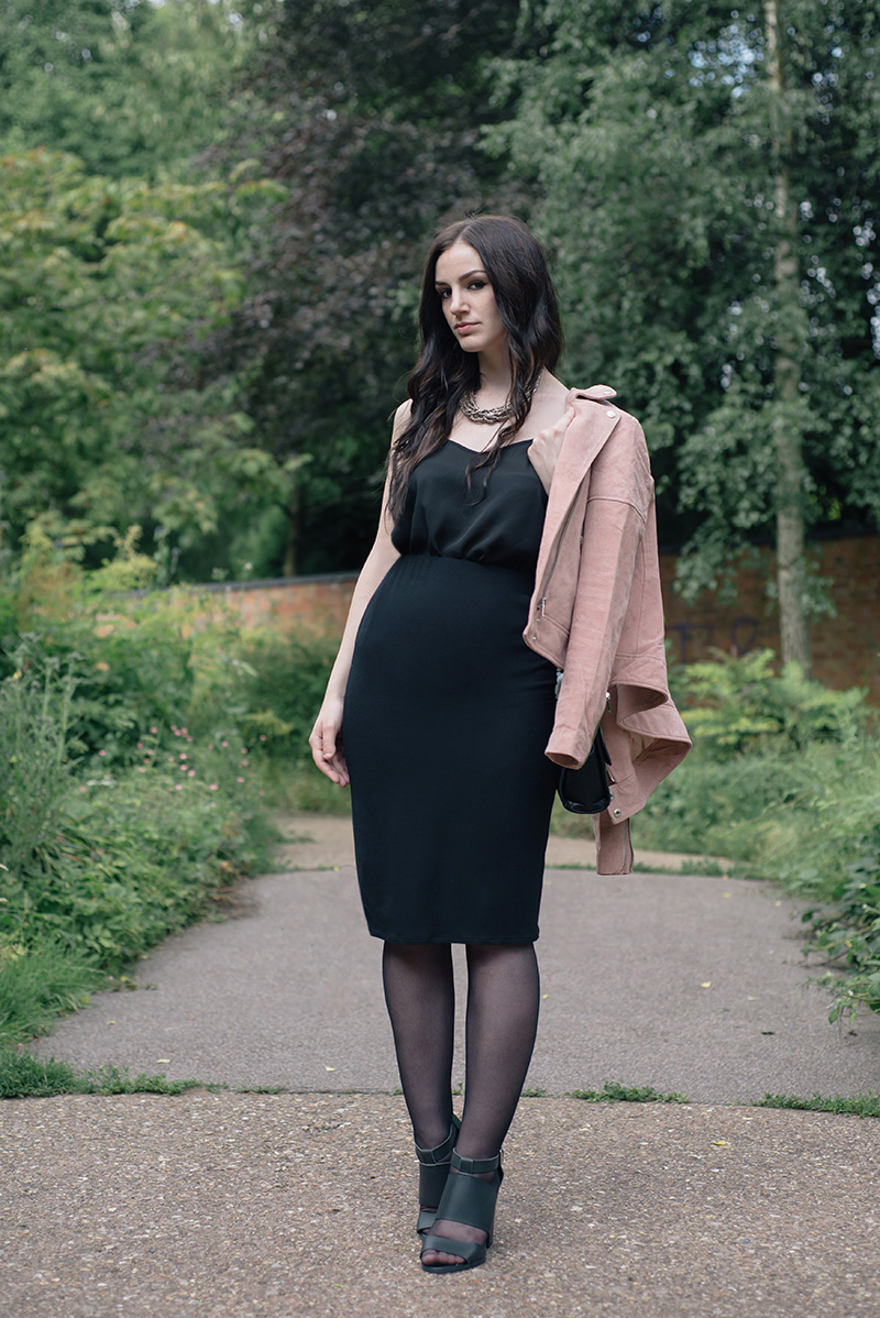 Fashion blogger Stephanie of FAIIINT wearing Dorothy Perkins Blush pink suede leather jacket, black camisole and skirt, Head Over Heels by Dune cut out heels. Day to night work wear dressing, street style.
