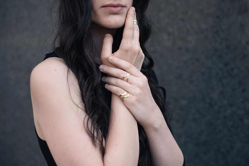 Fashion blogger Stephanie of FAIIINT wearing A Weathered Penny brass rings. Outfit details.