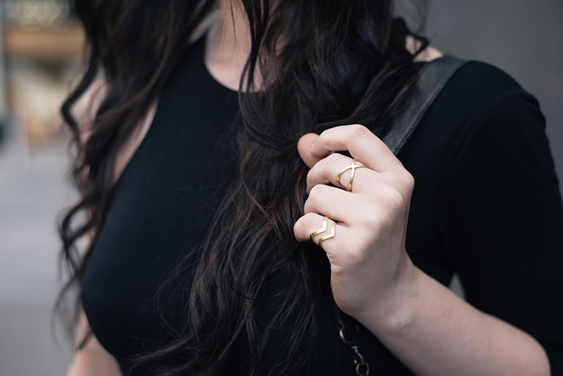 Fashion blogger Stephanie of FAIIINT wearing A Weathered Penny brass rings. Outfit details.