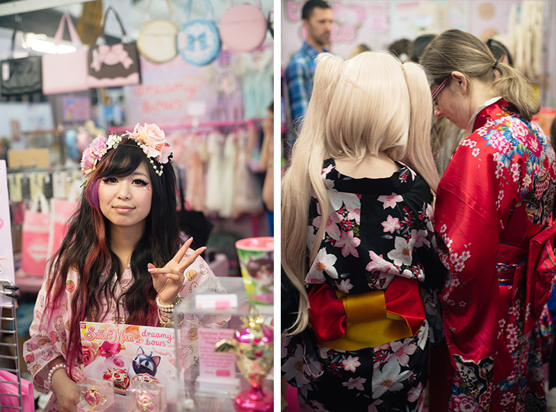 FAIIINT Hyper Japan Festival 2015 at The o2 London. Dreamy Bows stall pretty pastel japanese fashion, visitors wearing traditional kimono.