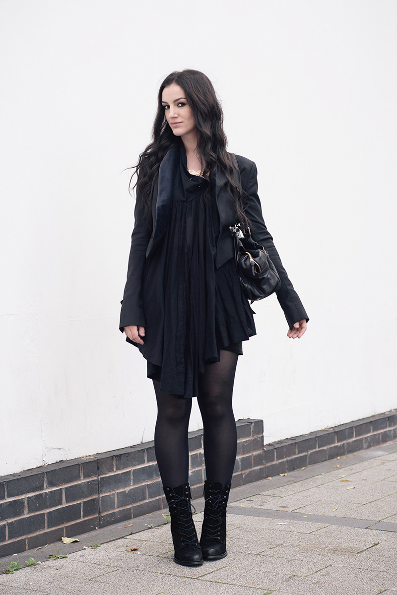 Fashion blogger Stephanie of FAIIINT wearing Todd Lynn x Topshop tux jacket, AllSaints Agena draped dress, Mulberry Mabel bag large, A Weathered Penny Geo necklace and ring, Kurt Geiger Saturn boots. All black everything goth dark street style outfit.