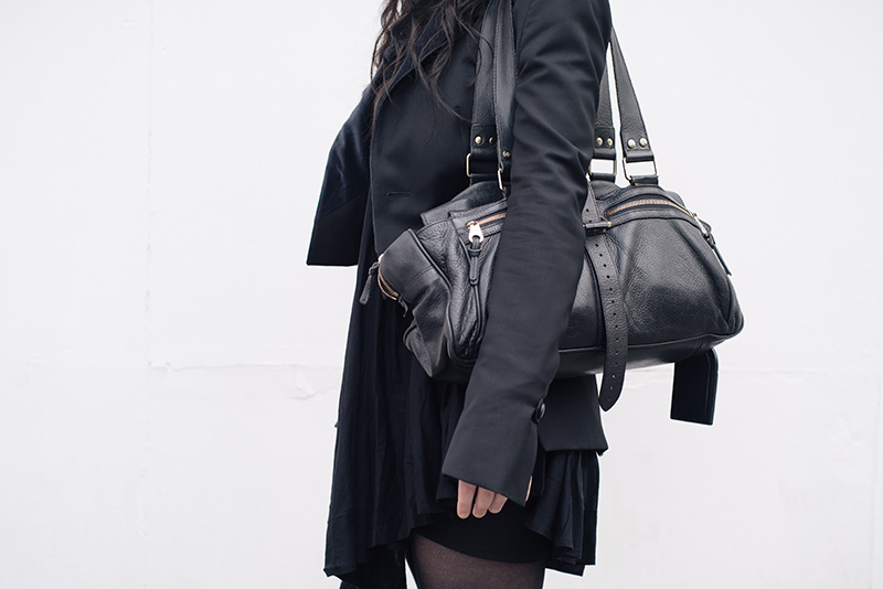 Fashion blogger Stephanie of FAIIINT wearing Todd Lynn x Topshop tux jacket, AllSaints Agena draped dress, Mulberry Mabel large black handbag. All black everything goth dark street style outfit.