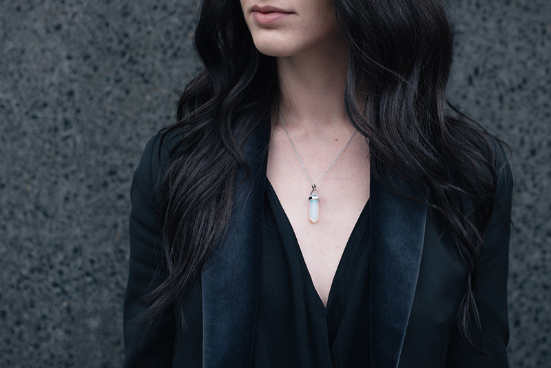 FAIIINT wearing Happiness Boutique opal crystal necklace. Outfit details.