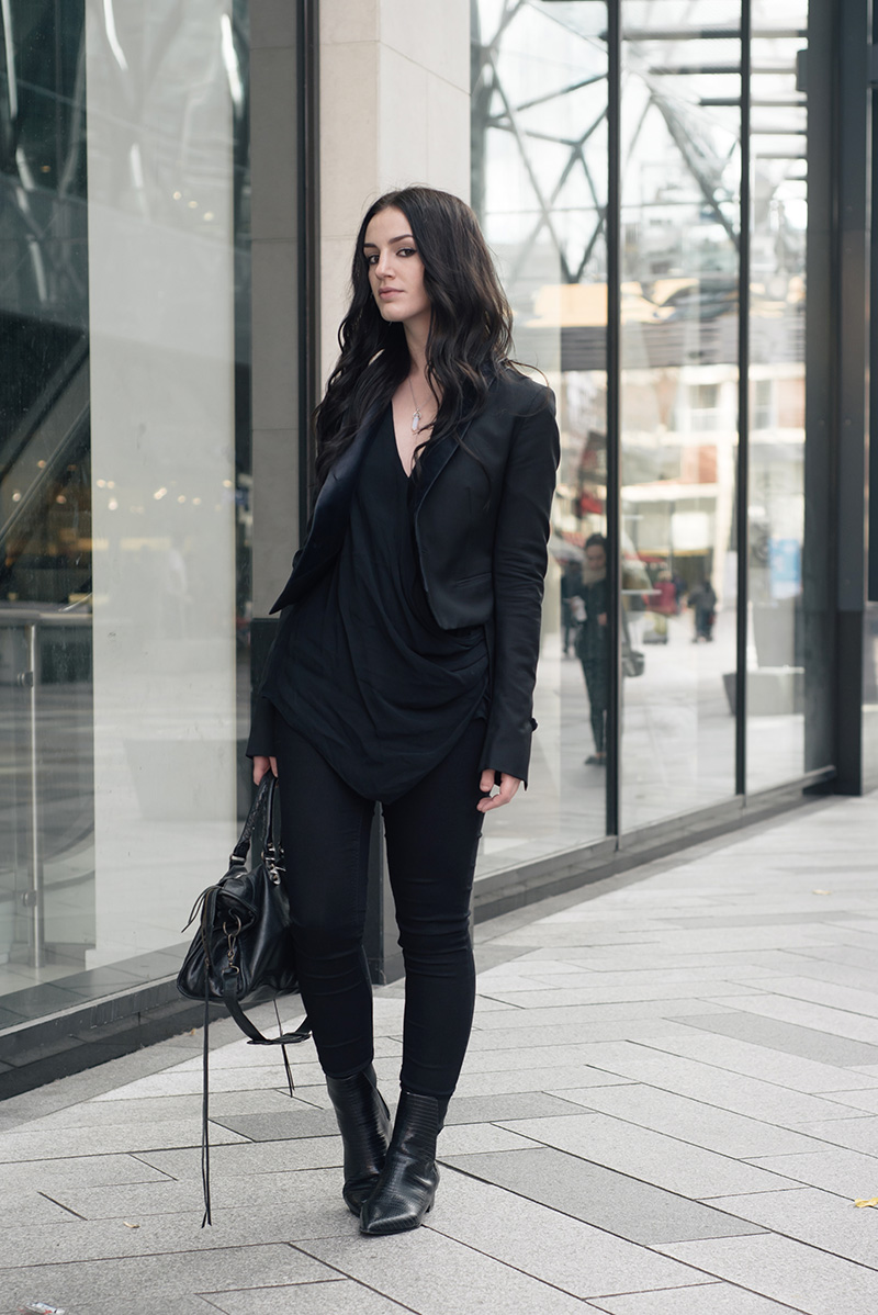 Fashion blogger Stephanie of FAIIINT wearing Topshop x Todd Lynn tux jacket, River Island draped top, George Wonderfit jeans, ASH Mira crocodile ankle boots, Happiness Boutique Opalescent necklace, Balenciaga city bag. All black everything smart casual dark style outfit.