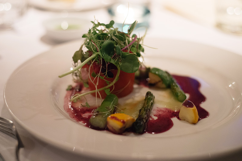 Fine Dine on a Diet at The White Peacock in Leicester. Red pepper pannacotta with grilled asparagus, courgette, cherry tomato sala and micro cress.