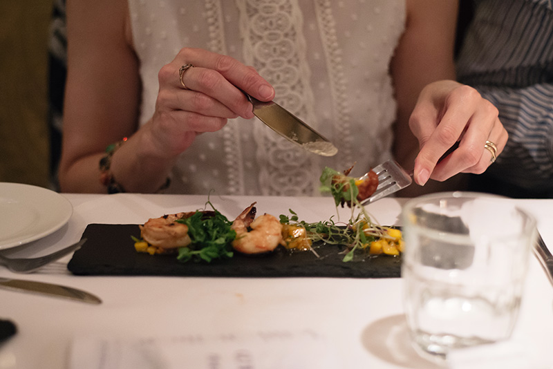 Fine Dine on a Diet at The White Peacock in Leicester. Eating prawns.