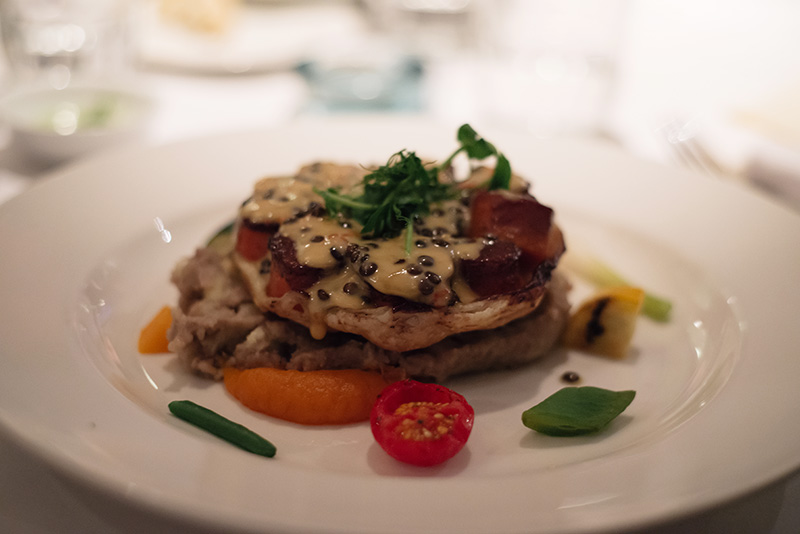 Fine Dine on a Diet at The White Peacock in Leicester. Shallot, carrot and artichoke tarte tatin with olive mash, lentil and sweet chilli veloute.