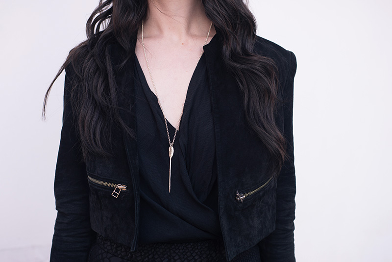 Fashion blogger Stephanie of FAIIINT wearing Topshop suede cropped jacket, River Island Draped Blouse, Bloody Mary Metal Lovehunters Arrow Silver Necklace. Details.