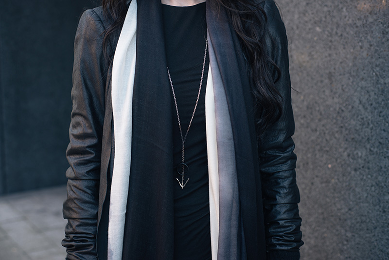 Fashion blogger Stephanie of FAIIINT wearing Rick Owens leather jacket, Black.co.uk silk & cashmere black and white ombre fade scarf, Hvnter Gvtherer Lacustrine necklace. Details.