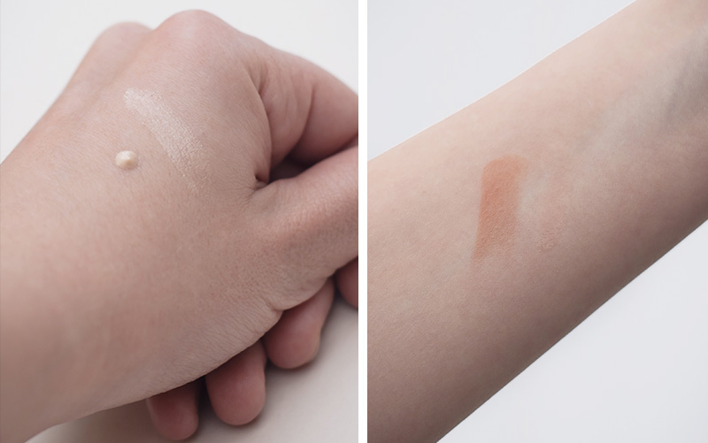 FAIIINT Burberry Beauty. Fresh Glow Luminous Fluid Base in No. 01 Nude Radiance, First Kiss Lip Gloss Balm in No. 01 Soft Peach, Kisses Sheer Lipstick in No. 201 Nude Beige swatches.