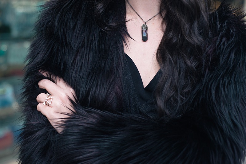 Fashion blogger Stephanie of FAIIINT wearing H&M black purple faux fur jacket, Elemental Luxury titanium quartz raw crystal necklace, Bloody Mary Metal silver lonely bone and fire alchemy rings. Outfit details.