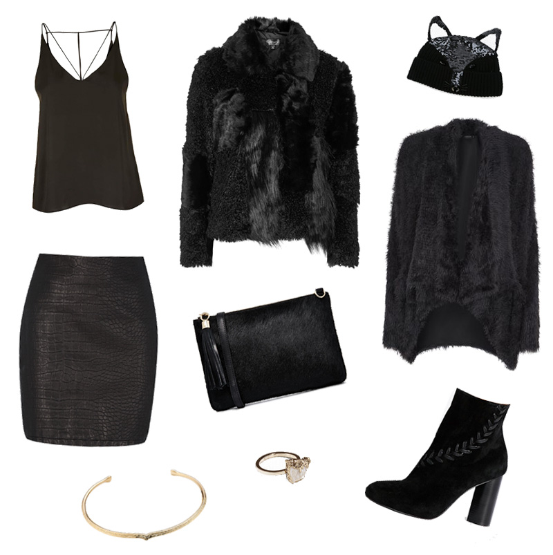 FAIIINT Topshop cami & patchwork faux fur jacket, Religion 'Power' cardiagan, Markus Lupfer fox face ear beanie hat, Warehouse snake textured skirt, Urbancode ponyhair clutch, Senso laced up 'sara' suede boots, & Other Stories rock ring, Aurélie Bidermann choker. All black everything goth winter wishlist.