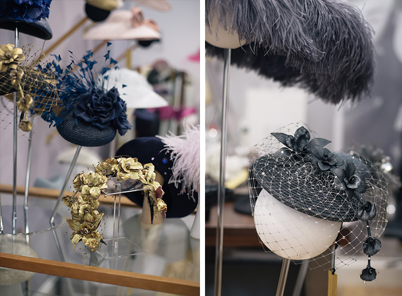 FAIIINT Milliner William Chambers hat shop in Glasgow. Gold, silver, grey and navy blue flowers wedding hats.