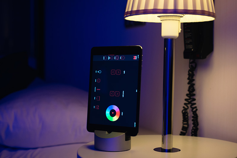Citizen M Hotel Glasgow room at night with mood lighting iPad control