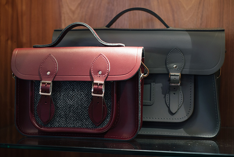 FAIIINT Glasgow Cambridge Satchel Company exclusive Scottish Harris Tweed bags. Oxblood red and grey.