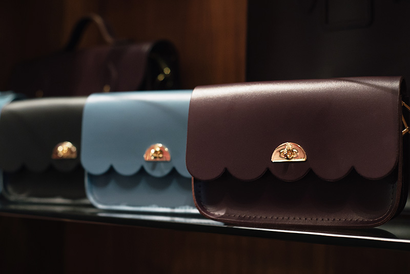 FAIIINT Glasgow Cambridge Satchel Company cloud scalloped edge small bags. Plum, pale blue, Black.