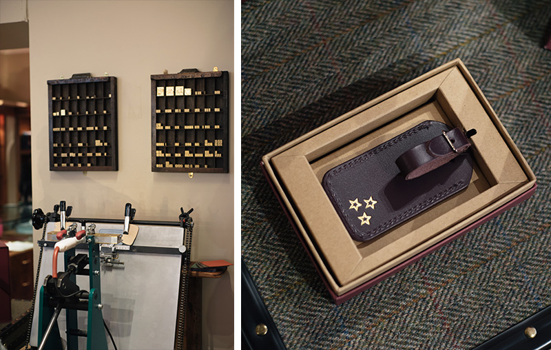 FAIIINT Glasgow Cambridge Satchel Company embossing monogram machine. Plum luggage tag with gold embossed star cluster print.