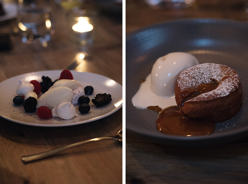 FAIIINT The Gannet Glasgow Champagne Sundays. Meringue with berries and salted caramel fondant with tonka bean ice cream.