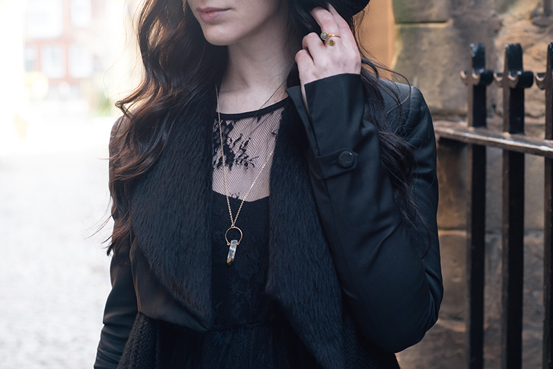 Fashion blogger Stephanie of FAIIINT wearing Catarzi fedora, Todd Lynn x Topshop cropped jacket, SheIn black lace dress, Ottoman Hands circle labradorite ring, Young Hearts gold dipped quartz necklace. Outfit details.