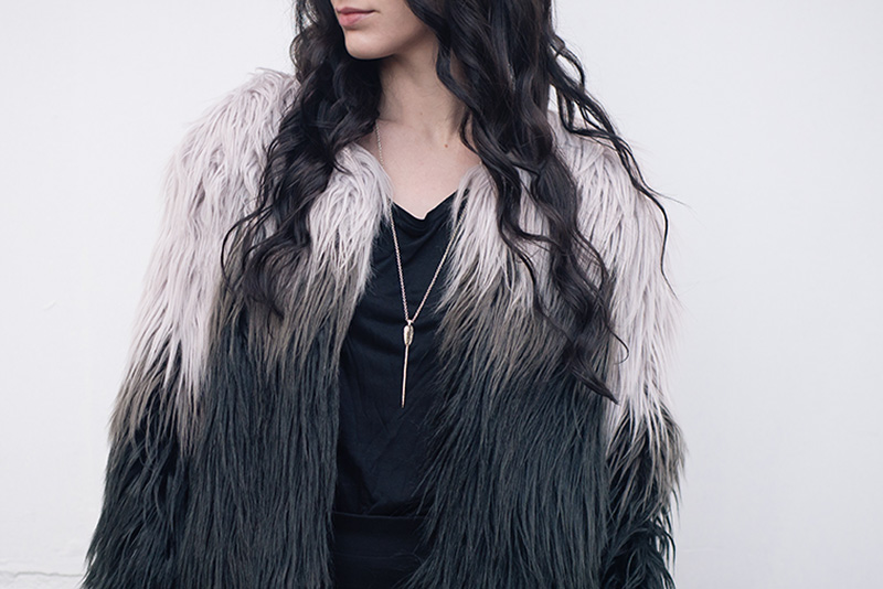 Fashion blogger Stephanie of FAIIINT wearing SheIn ombre black and grey white faux fur jacket, Bloody Mary Metal Lovehunters Arrow silver necklace. Outfit details.